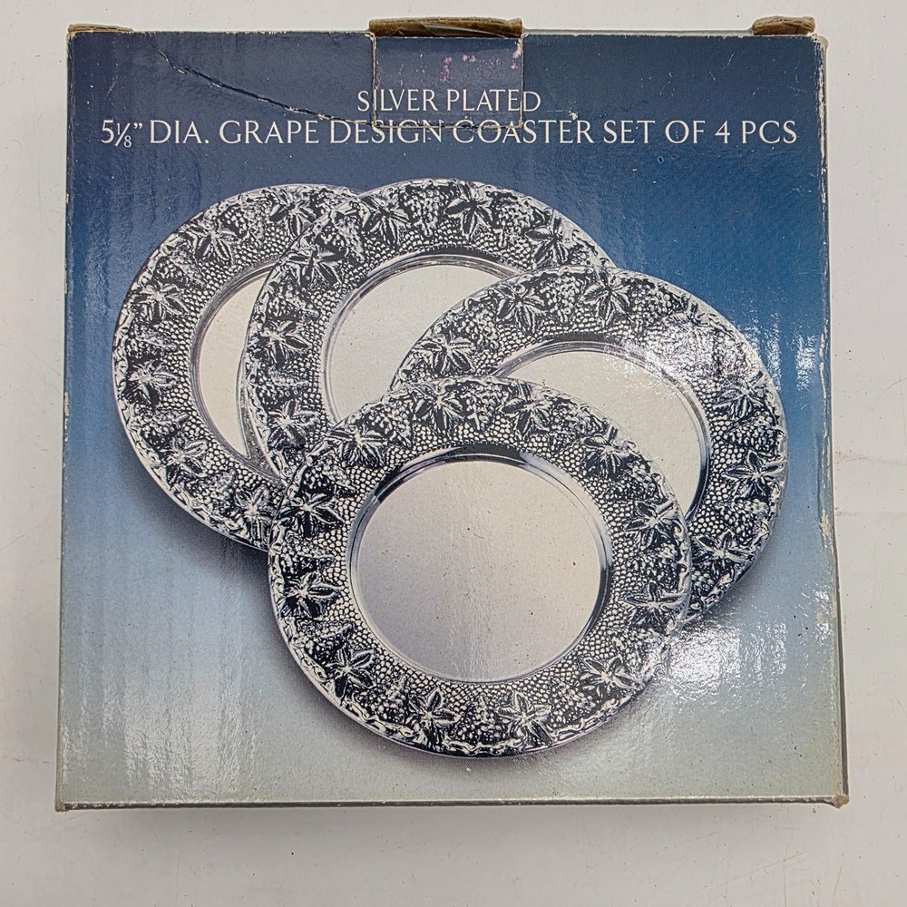 NEW Silver Treasures Set Of 4 Coasters By Godinger Grape & Grape leaf Pattern